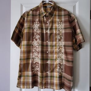 Old Navy Brown Plaid Hibiscus Button Down Sz L